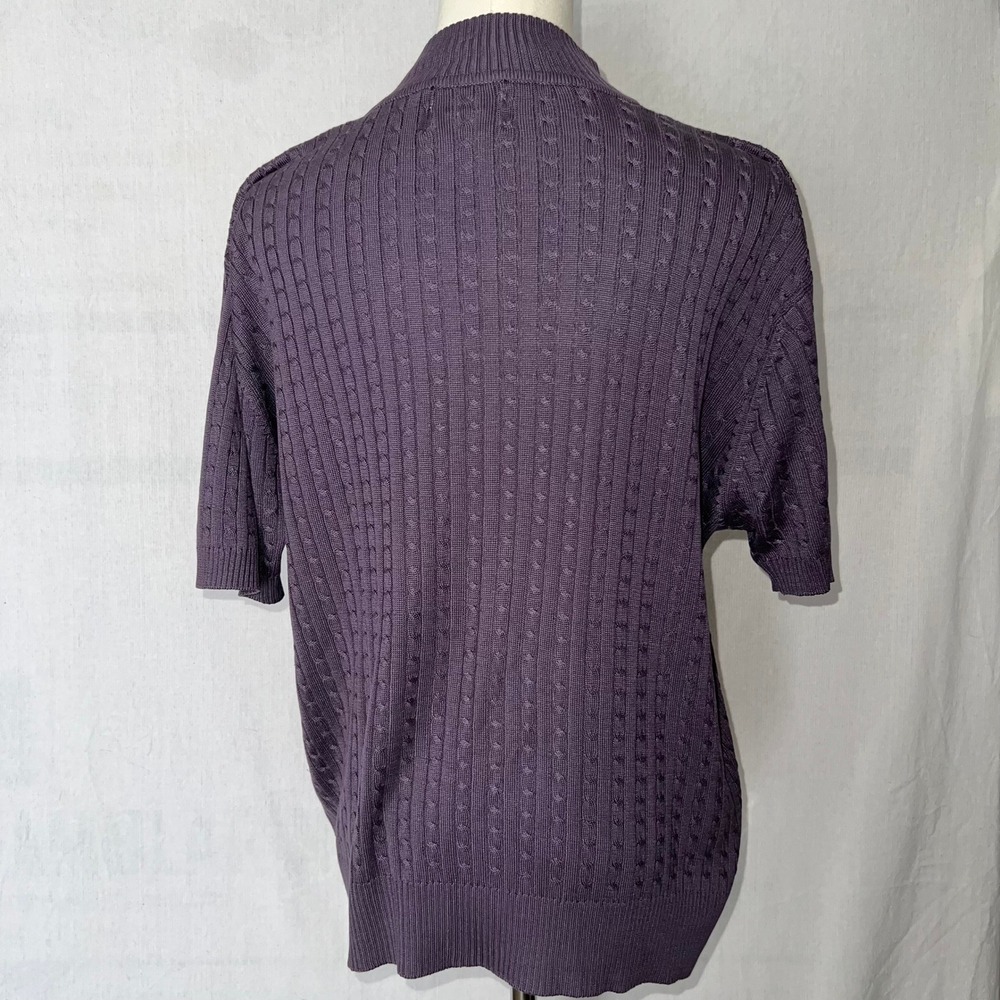 100% Silk Cable Knit Sweater Mock Neck Short Sleeve Purple M Quiet Luxury - Picture 5 of 7